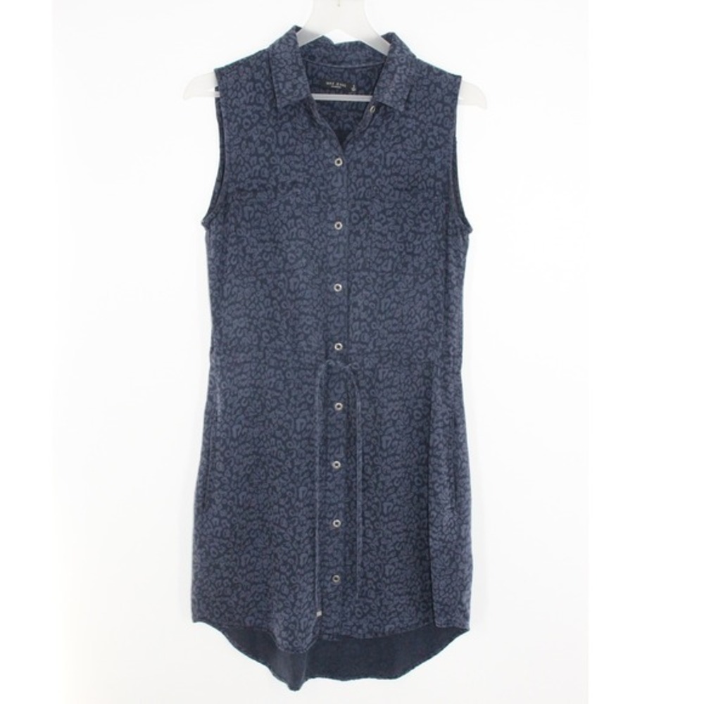 Max Jeans‎ Sleeveless Shirt Dress Leopard Print Tencel Size S Navy Blue